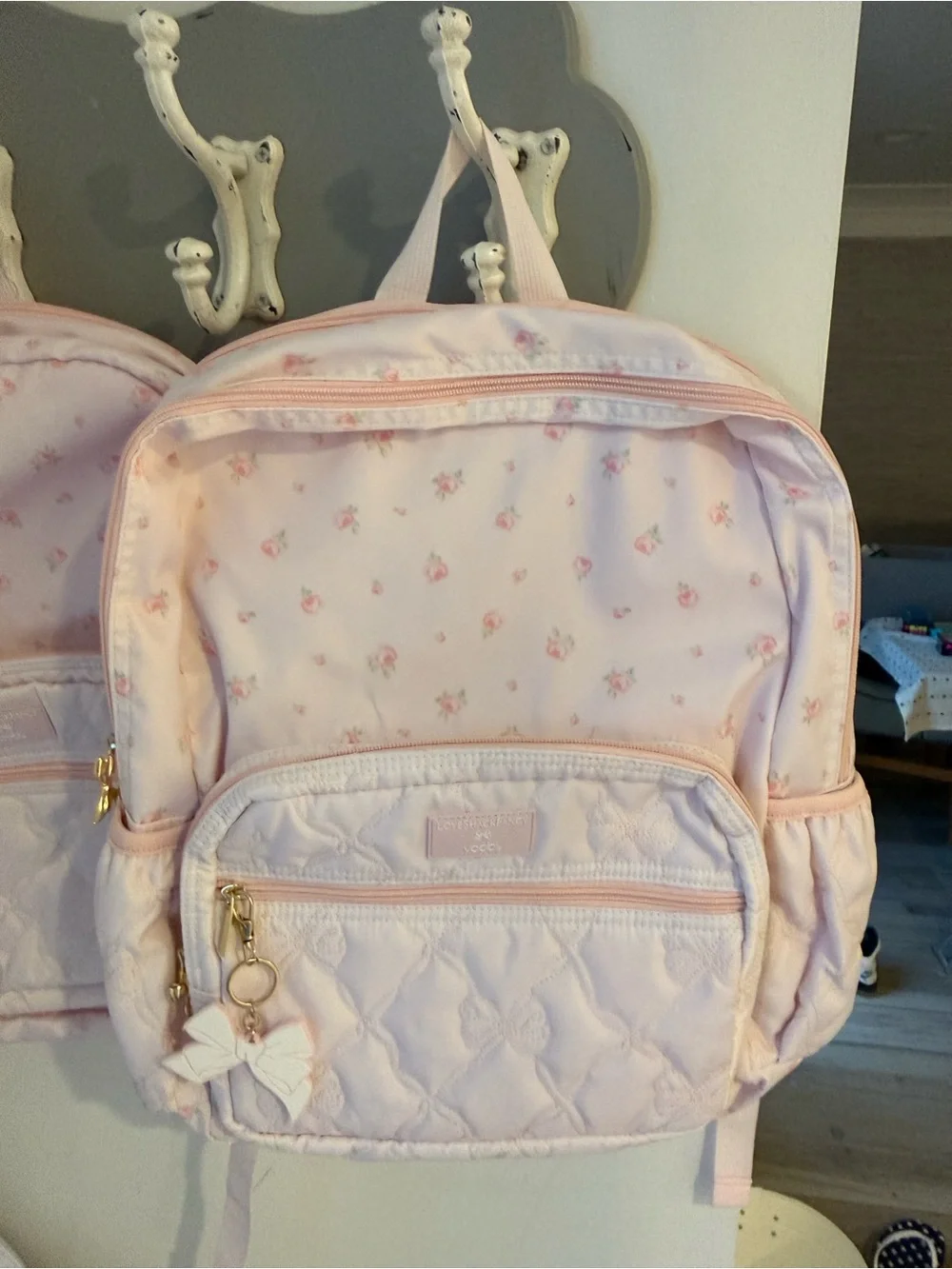 LoveShackFancy Target Pale Pink Quilted Bow-Embroidered Backpack